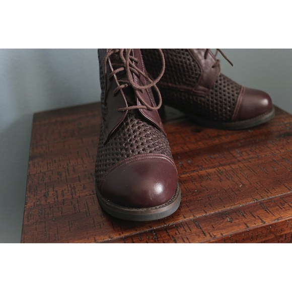 Brown Faux Leather Perforated Lace-up Ankle Boots - Picture 2 of 5